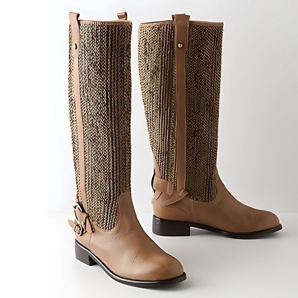 Anthropologie Schuler and Sons Tall Tan Round Toe leather boots women size US 7B - Picture 1 of 8